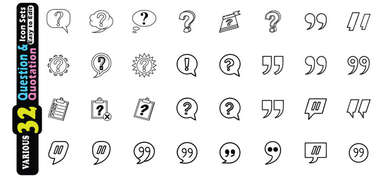 Collection of Black Outline Question Mark and Quotation Mark Icons symbol speech bubble