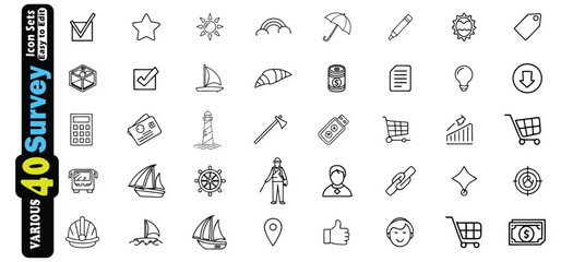 Poster - Collection of various black outline icons on a white background survey