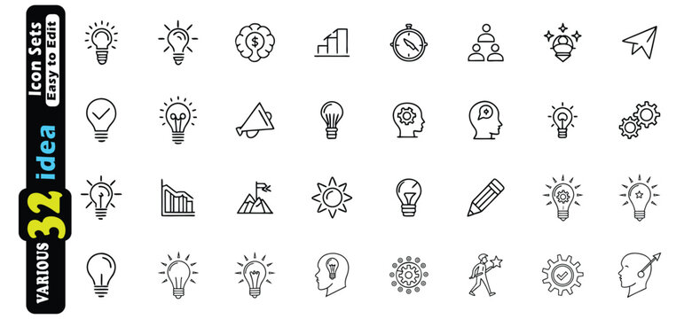 Thirty Two Various Line Art Idea Icons Light Bulbs Brains Gears innovation thinking