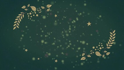 Poster - Light particles drifting then golden leaves sliding in and stars floating forming wreath-like frame