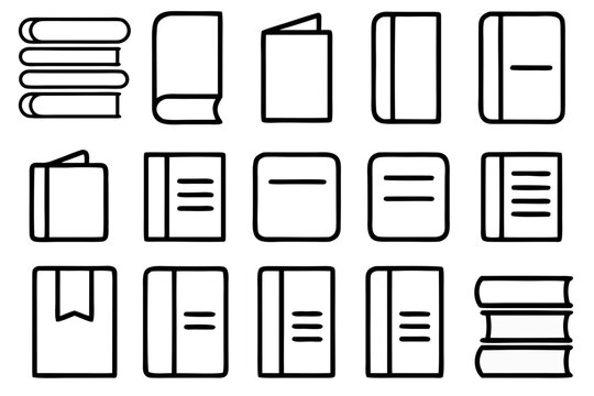 Collection of various book icons and illustrations isolated on transparent background