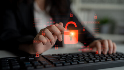 Poster - Digital security concept illustrating a cybersecurity breach, with a red unlocked padlock indicating data exposure among secure systems, emphasizing system vulnerability and risk Latch