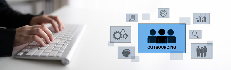 Poster - Outsourcing concept showing collaboration, delegation, global workforce, productivity, and task management through remote teams and external service providers Latch