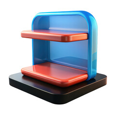 Modern two tiered display shelf with contrasting red shelves and blue frame isolated on transparent background
