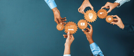 Poster - A group of diverse hands holds gears with images representing innovation and technology, showcasing teamwork and collaboration in a modern workspace for enhanced processes. Amity