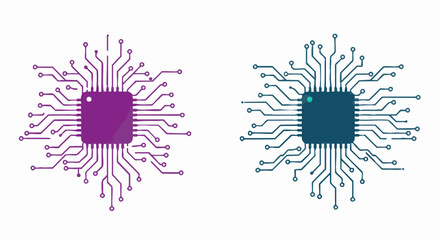 Colorful set of microchip processor icons on a circuit board. Digital technology vector art.