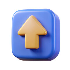 Poster - Stylized 3d blue square button with a raised yellow upward arrow icon isolated on transparent background