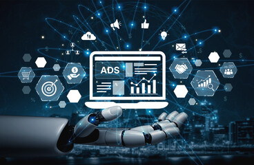 Poster - AI drives digital marketing and online ads with smart targeting, content automation, and ROI tracking for business growth. Artificial intelligence spline