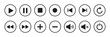 © vell - Collection of media player icons in outline style, including play, pause, replay, previous, next, volume, plus, minus, and more. Vector illustration