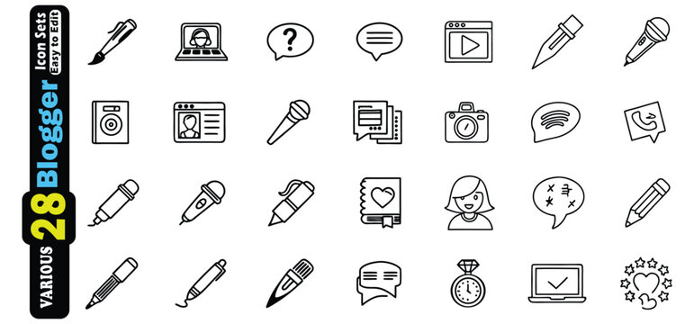 Collection of 28 black outline icons for blogging and content creation icon set social media