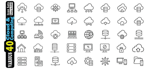 Fototapete - Collection of 40 cloud and computing icons in black outline style cloud computing technology
