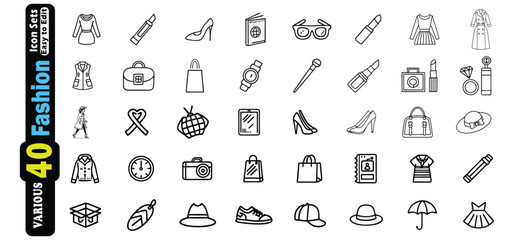 Poster - Collection of 40 fashion and lifestyle icons in black outline clothing dress