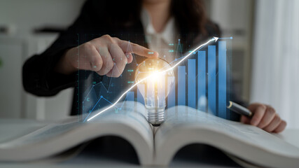 Poster - Conceptual image representing business growth, featuring a light bulb for innovation and an open book for knowledge, combined with a success graph and data visualization elements. Impute