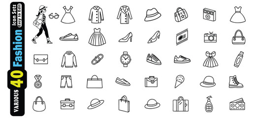 Fototapete - Collection of black and white fashion icons on white background clothing accessories