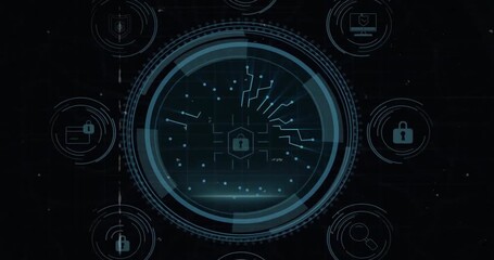 Poster - Shield emerging from dark, scanning ring revealing lock, orbiting icons visualizing cyber security