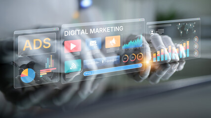 Poster - AI drives digital marketing and online ads with smart targeting, content automation, and ROI tracking for business growth. Artificial intelligence spline
