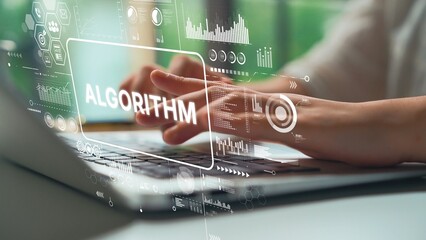 Poster - Business Professional Analyzing Digital Data Trends with Laptop and Algorithm Graphics in Modern Office Space. Asymptotic smart data analytic.