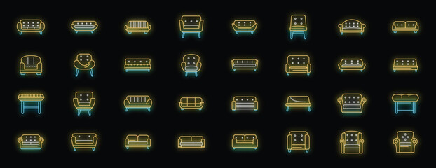 Poster - Set of glowing neon sofa and armchair icons, illuminating various furniture designs for living rooms and interior spaces