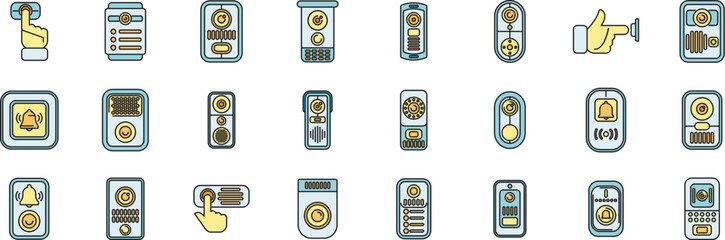 Poster - Intercom icons represent various devices and functions, including doorbells, communication systems, and security features, using a consistent visual style