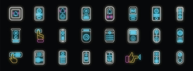 Poster - Glowing neon intercom icons illustrate various devices for building security, access control, and communication