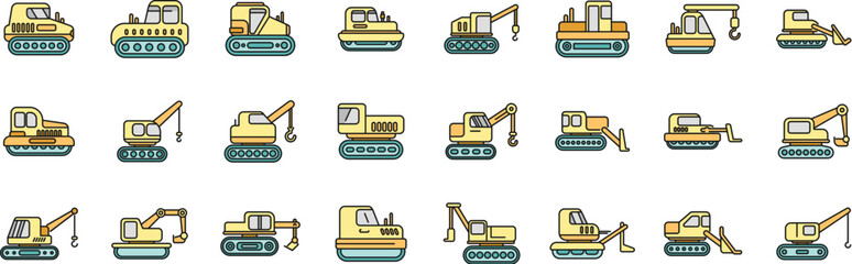 Poster - Set of colorful icons representing heavy construction machines and vehicles working on a building site