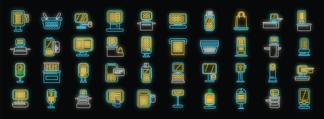 Poster - Glowing neon icons representing various point of sale - pos - terminals, cash registers, barcode scanners, shopping baskets, and other retail equipment create a vibrant night scene
