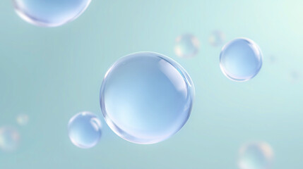 Poster - Transparent bubbles floating in a soft blue background, creating a serene atmosphere, showcasing the beauty of water droplets and their reflections in a dreamy setting
