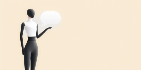 Poster - Minimalist 3D illustration of a stylized figure with a speech bubble, standing against a soft beige background, conveying communication and expression in a modern design context