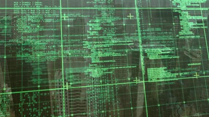 Poster - Green digital overlay appearing over skyline, updating code, moving crosshairs and scanning data