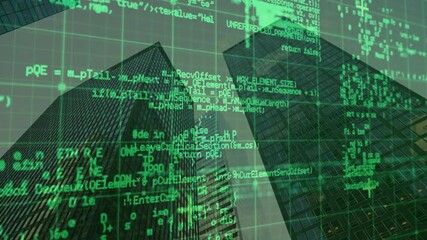 Poster - Upon grid overlay appearing over skyscrapers code streams scrolling down walls simulating hacking