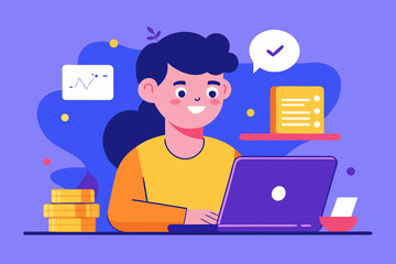 Poster - Young Woman Working on Laptop with Financial Growth and Task List