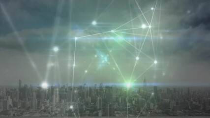 Poster - Network appearing over city skyline, nodes shifting, flare flaring, fading, visualizing data flow