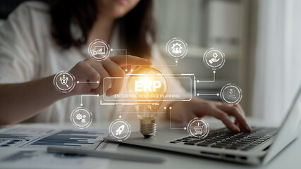 Poster - ERP platform visual showing centralized system for enterprise resource planning, improving integration, data flow, business efficiency, finance, inventory, and human resources. Spline