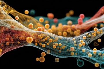 Aufkleber - Colorful abstract composition showcasing flowing strands and vibrant spheres in an artistic representation of energy and movement