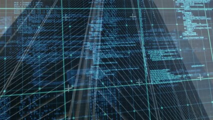 Poster - Grid appearing over facade sweeping lines forming 3D wireframe while code scrolling for analysis