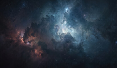 vast dark space filled with numerous stars in various sizes, colors. central radiant star with vibra