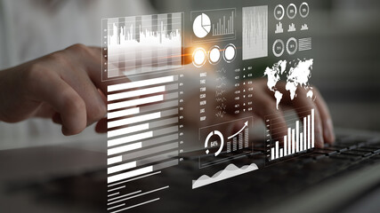 Poster - A professional user engages with interactive dashboards and analytics on a laptop, highlighting essential data visualizations in a modern business workspace. Impute