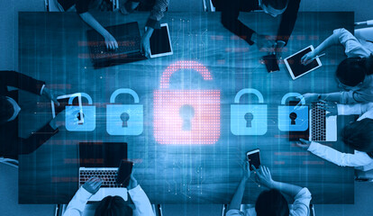 Poster - Digital security concept illustrating a cybersecurity breach, with a red unlocked padlock indicating data exposure among secure systems, emphasizing system vulnerability and risk Vouch
