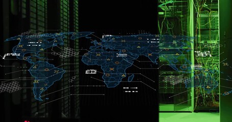 Poster - Neon-blue map outline materializing, nodes, grids and lines animating showing global data flow