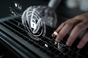 Poster - AI artificial intelligence strengthens cybersecurity with intelligent threat detection, virtual assistant alerts, and proactive protection agAI artificial intelligencenst digital breaches. Latch