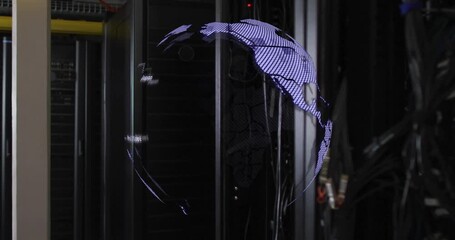 Poster - Purple fragment appearing in data center aisle growing into rotating globe showing network flow