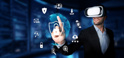 Poster - A professional engaged in virtual reality emphasizes cybersecurity concepts, showcasing the blend of technology and data protection in an interconnected world. XDMCP