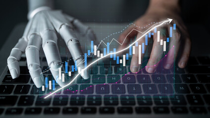 Poster - A robotic hand interacts with a laptop keyboard, illustrating the fusion of technology and finance with a dynamic stock market graph, representing modern business practices. Impute