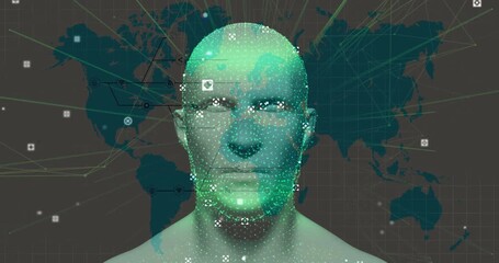 Poster - Pulsing map icons initiating dot-matrix rising and forming rotating skull face linking world data