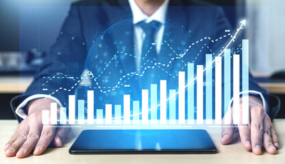 Poster - A businessman is focused on financial data displayed on a digital tablet, with graphs and charts illustrating growth and performance in a modern office setting. Impute
