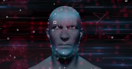 Poster - Starting with red nodes and lines, holographic head unfolding, icons drifting visualizing network