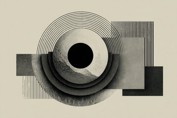 Poster - Abstract geometric design featuring black and white shapes arranged in a modern style with contrasting textures and patterns in a visually striking composition