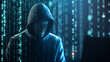 © Tahir Ayoub - Mysterious Hacker in Hooded Sweatshirt Featuring Digital Rain Code