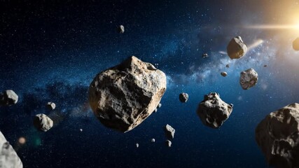 Wall Mural - Asteroid Field in Deep Space with Stars and Blue Nebula Light Shining on Rocks