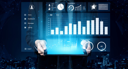 Poster - A business professional engages with a tablet displaying augmented reality graphs and data analysis, set against a futuristic city skyline, showcasing modern technology. Impute